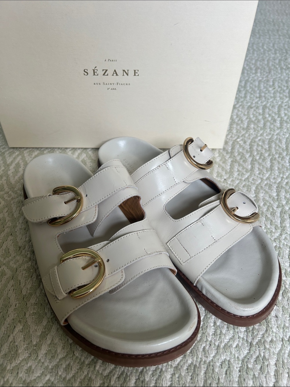 Sezane Cream Double-Buckle Slide Sandals with Gold Buckles